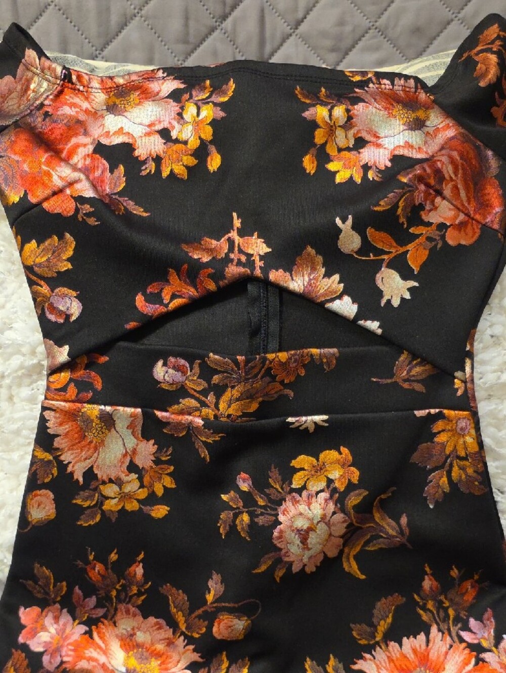 Privy Black Mini Dress with Pink & Orange Floral Foil Like Print Cutout - Picture 9 of 15